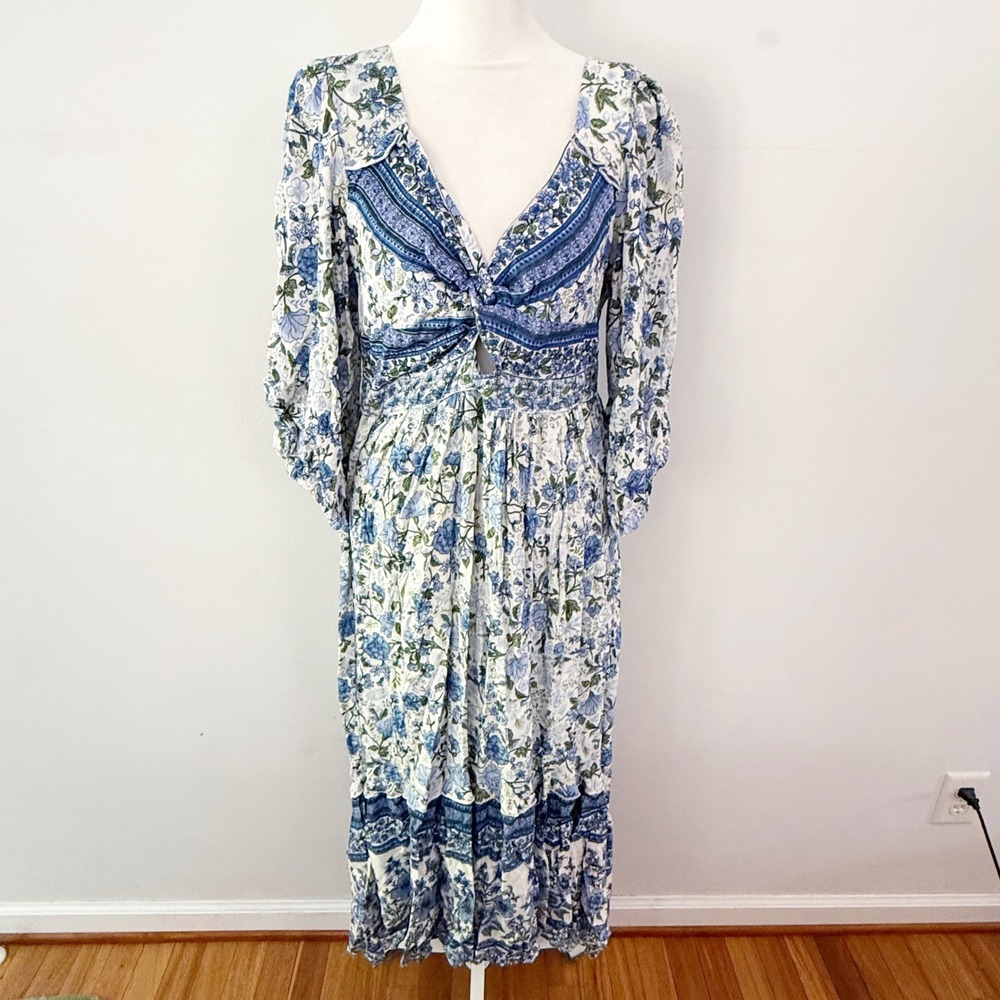 Romantic Gypsy Maxi Dress Womens L Blue Floral Boho Knot Beach Coastal Island